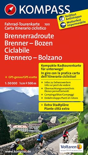 Carta Cicloturistica Tour N. 7051. Ciclabile Brennero-Bolzano-Vom Brenner Bis Nach Bozen: Fietsroutekaart 1:50 000