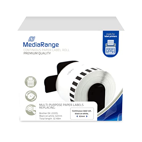 Mediarange Etichetta Di Carta Continua, Per/Sostituisce Brother Dk-22205, 62 Mm, 30,48 M, Nero Su Bianco
