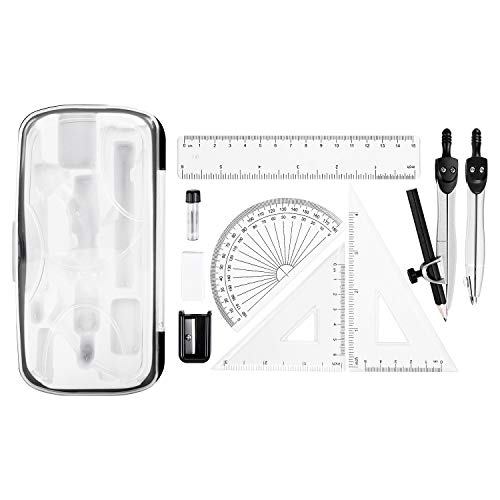 Amazon Basics - Kit Da 10 Pezzi Per Matematica, Include Compassi, Matita E Mina In Grafite, Gomma Per Cancellare, Temperamatite, Goniometro, Squadre,