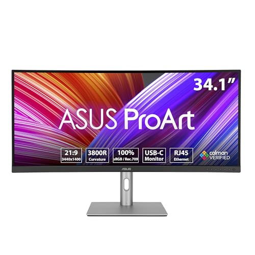 Asus Proart Display Pa34Vcnv Monitor Professionale Curvo Da 34” Pollici, Ips, 21:9 3440 X 1440, Curvatura 3800R, 100%Srgb, Colori Δe < 2, Calman, Dock