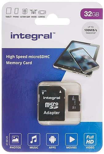 Integral Carte Mémoire 32Go Microsdhc Haute Vitesse Jusqu'À 100Mb/S Classe 10, V10, Uhs1, U1, Homologuée A1, Adaptateur Sd