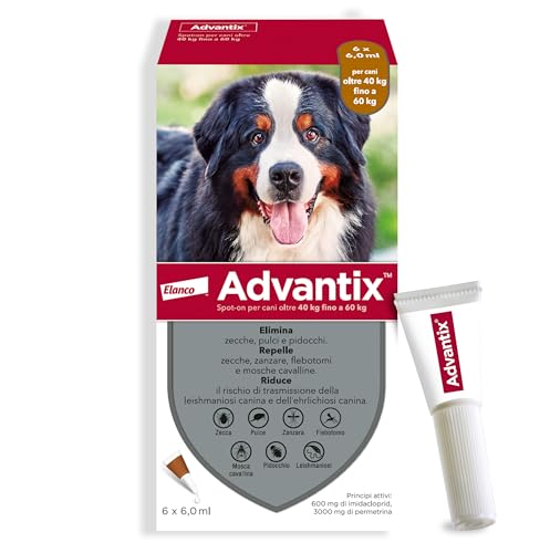 Advantix® Spot-On Antiparassitario Per Cani Da 40 Kg A 60 Kg, 6 Pipette Da 6 Ml. Elimina Zecche, Pulci, Pidocchi E Larve Di Pulce In Casa. Protegge Da