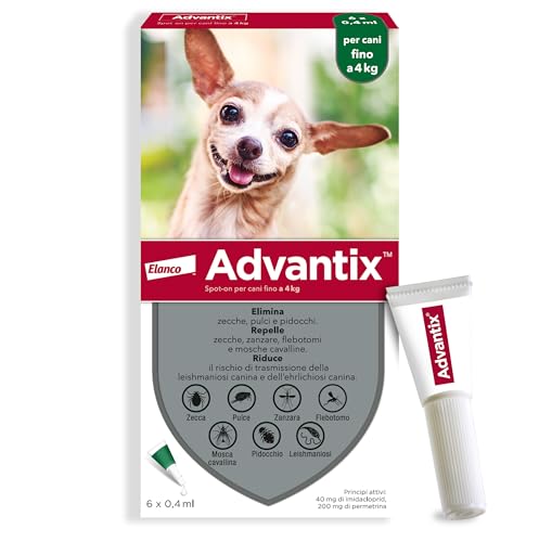 Advantix® Spot-On Antiparassitario Per Cani Fino A 4 Kg, 6 Pipette Da 0,4 Ml. Elimina Zecche, Pulci, Pidocchi E Larve Di Pulce In Casa. Protegge Da Za
