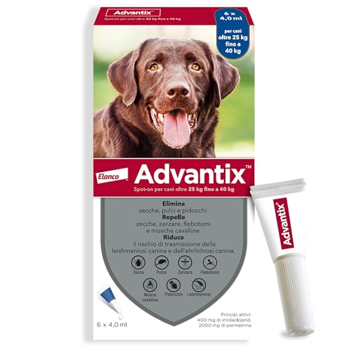 Advantix® Spot-On Antiparassitario Per Cani Da 25 Kg A 40 Kg, 6 Pipette Da 4 Ml. Elimina Zecche, Pulci, Pidocchi E Larve Di Pulce In Casa. Protegge Da