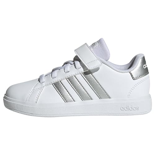 Adidas Grand Court Elastic Lace And Top Strap Shoes, Sneaker Unisex - Bambini E Ragazzi, Ftwr White Matte Silver Matte Silver, 30 Eu