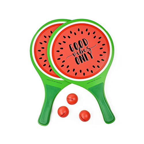 Legami - Racchette Da Spiaggia, 2 Racchette E 3 Palline, Impugnatura Ergonomica, Custodia Inclusa, Per Adulti E Bambini, 23X38 Cm, Tema Watermelon