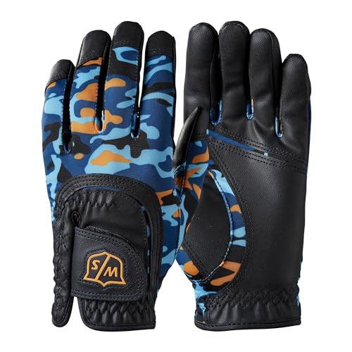 Wilson Staff Fit-All Jr Glove, Wgja00915 Guanto Da Golf, Mano Sinistra, Per Ragazzi, Microfibra/Tessuti Sintetici, Blu/Arancione, Taglia Unica