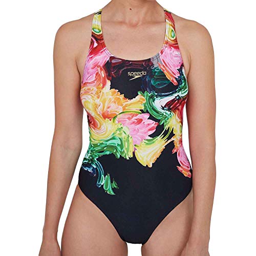Speedo Colourblend Placement Digital Powerback Costume Da Bagno Da Donna, Donna, Costume Da Bagno, 8-06187D754, Nero/Mango/Rosso Lava/Bianco/Giada, 28