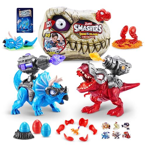Smashers Dino Island T-Rex Battles By Zuru, Red T-Rex, 50+ Surprises Boys Collectible Dinosaur T-Rex Triceratops, Surprise Sand Compounds Discovery (R