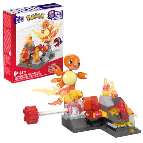 Mega Pokémon - Charmander Fuoco Rotante, Set Da Costruire Con 81 Pezzi E Sistema Mattoncino Movimento, Include 1 Personaggio Charmander E Mondo Infuoc