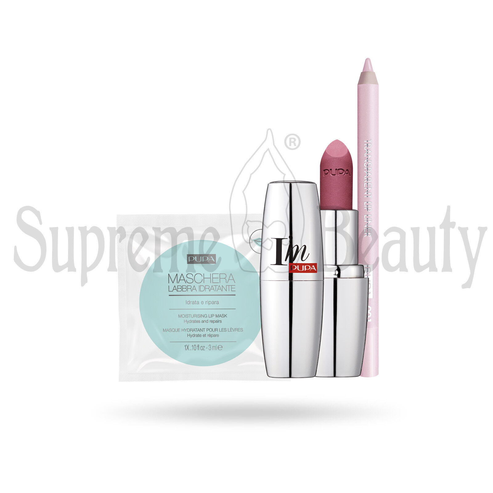PUPA KIT LABBRA ROSSETTO I'M MATT 013 + TRASPARENT LIP LINER + MASCHERA LABBRA
