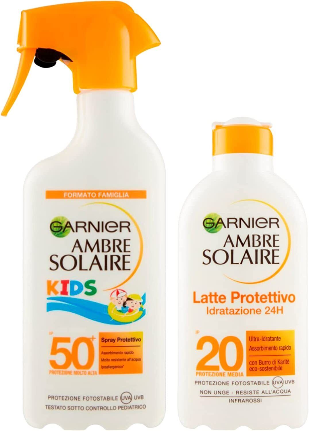 Garnier Ambre Solaire Kids SPF 50+ Spray e Latte Protettivo Idrataz. 24h SPF 20
