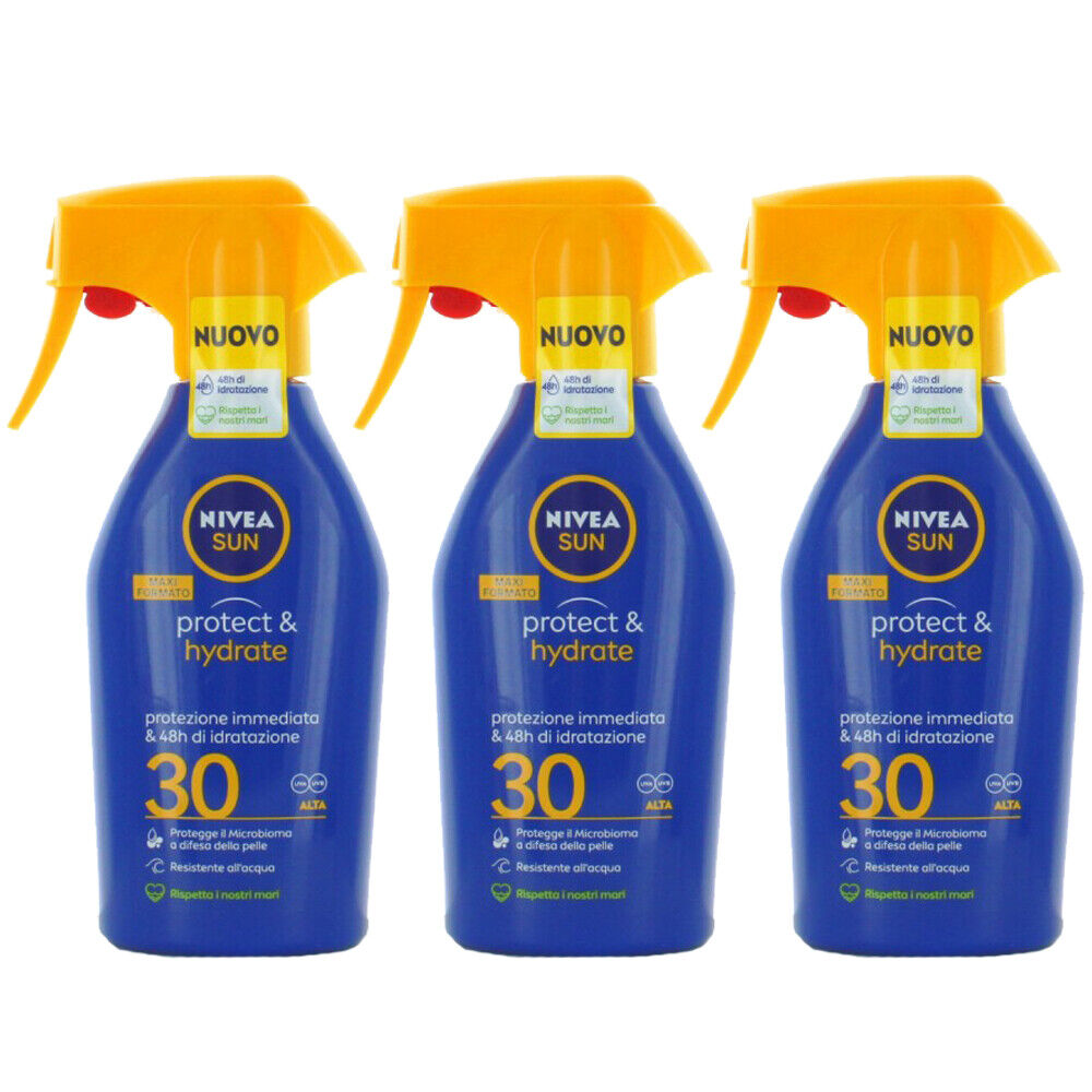 3 pz NIVEA SUN Spray Solare Protect & hydrate FP 30 ALTA 300ml resiste all'acqua