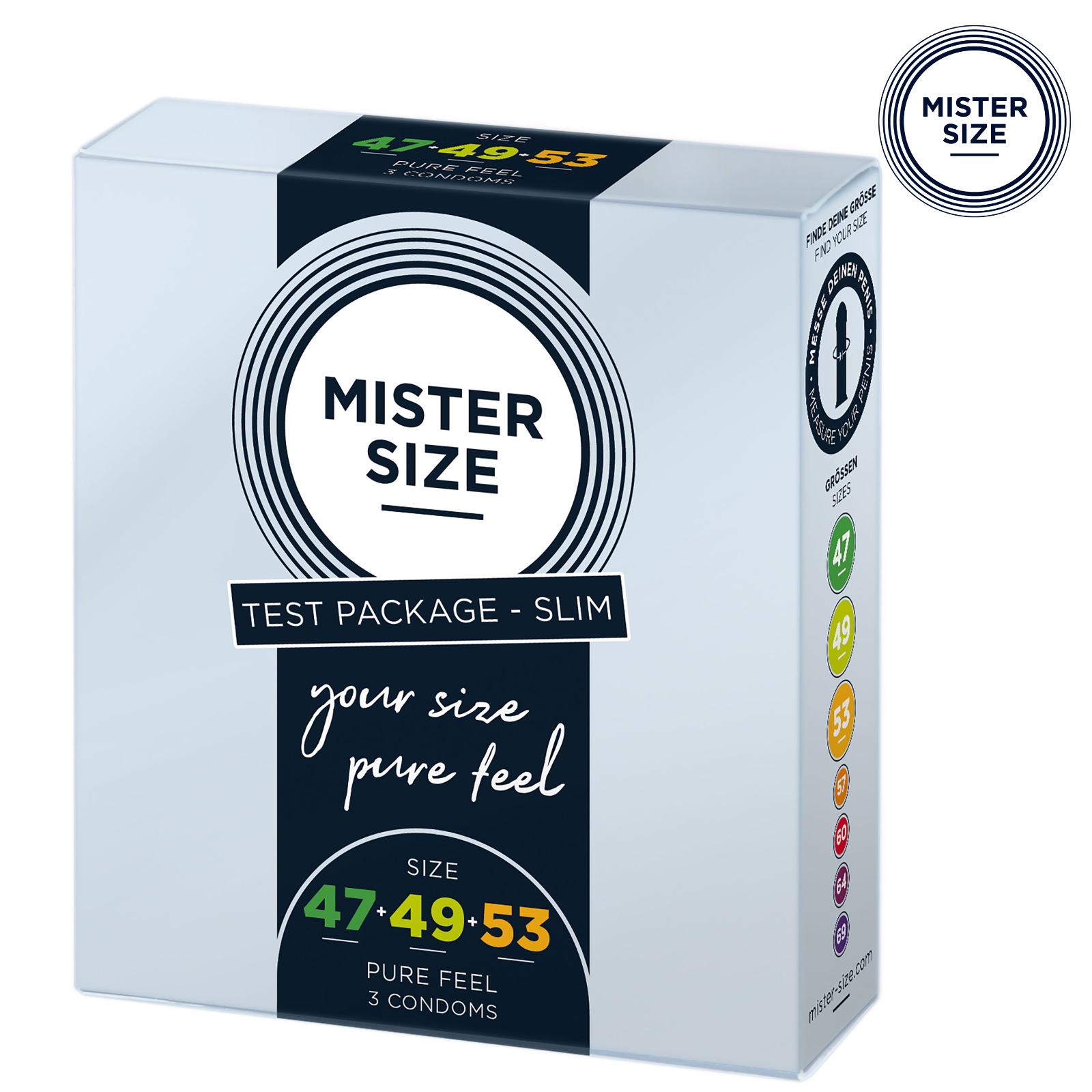 Set Preservativi Taglia 47-49-53 in Lattice Liscio Mister Size Test Package Slim