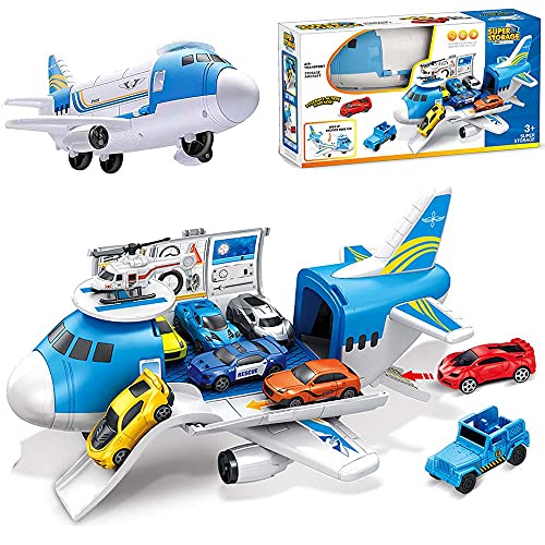 Bakaji Playset Aereo Garage Giocattolo Bambini Aeroplano Apribile Con 2 Macchinine Pista Atterraggio Elicottero Scivolo E Portellone Posteriore Apribi