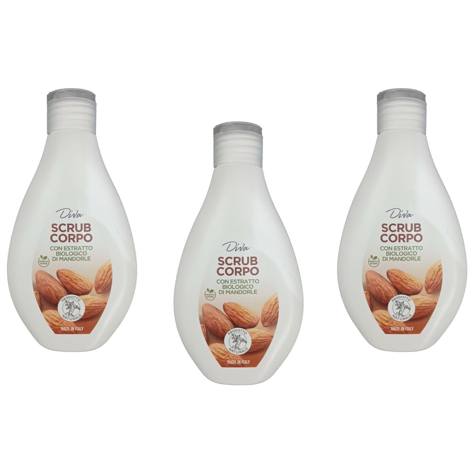 3 pezzi Diva SCRUB CORPO con estratto biologico di mandorle esfoliante 250ml