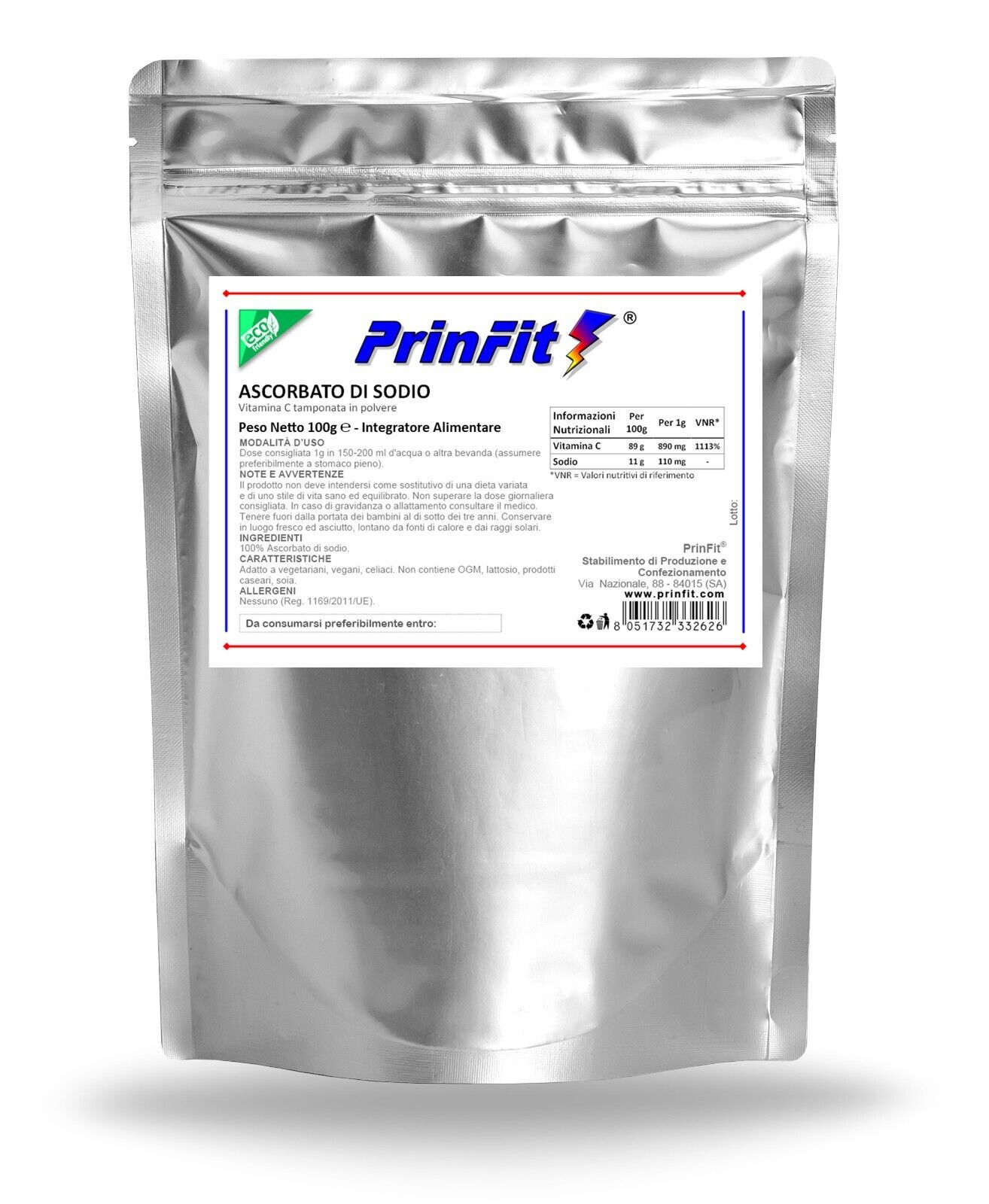 100g - Ascorbato di Sodio Puro 100%Vitamina C Polvere E301 Integratore - PrinFit