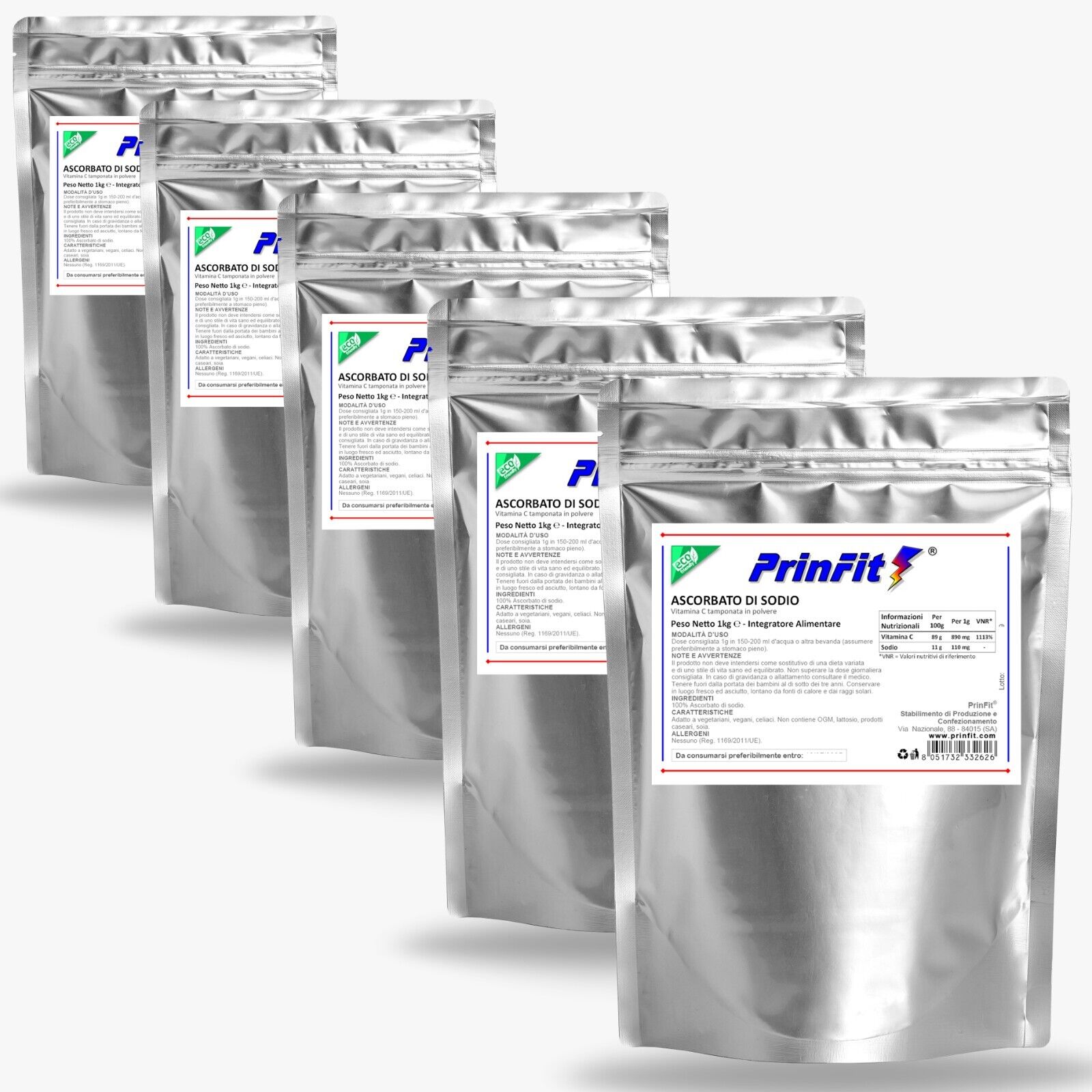 5x 1kg - Ascorbato di Sodio Puro 100%Vitamina C Polvere E301 Integratore PrinFit