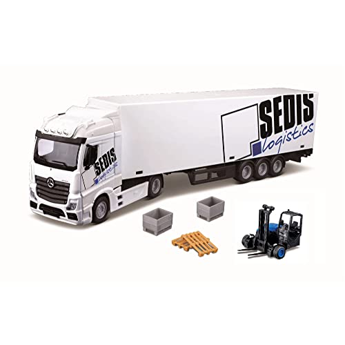 Bburago 18-31471 Camion Con Rimorchio - Mercedes Benz Actros - Con Rimorchio Sedis Logistics - Muletto, Pallet E Accssori Inclusi Nella Confezione - S