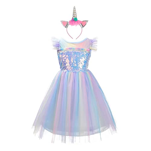 Lito Angels Vestito Da Principessa Di Compleanno Unicorno Con Cerchietto In Corno Per Bambina, Taglia 9-10 Anni, Arcobaleno Blu