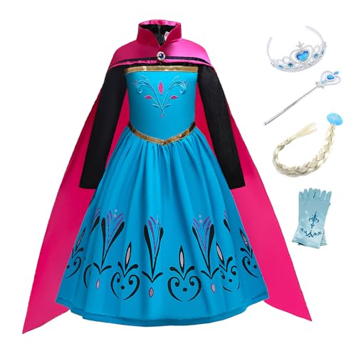 Eleasica - Vestito Da Bambina, A Maniche Lunghe, Con Mantello Da Principessa, Motivo: Elsa Di Frozen, Vestito Da Sera, Con Diadema, Guanti, Bacchetta