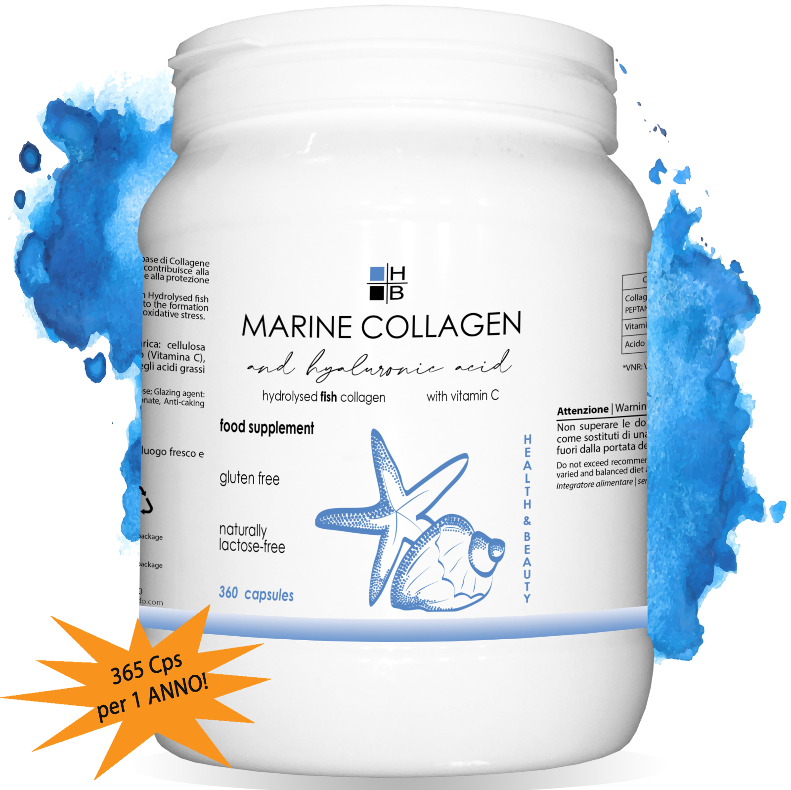 COLLAGENE MARINO PEPTAN H|B + AC. IALURONICO + Vit. C - 360 cps (dose x 1 ANNO)