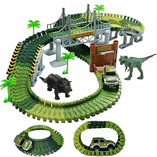 Bakaji Playset Pista Macchinine Flessibile Parco Dei Dinosauri Giocattolo Per Bambini Con Macchinina Luci Led A Batteria Dinosauro T-Rex Triceratopo E