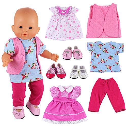 Miunana 8 Pezzi (Non Include Bambola)= 3 Abiti Vestiti + Pantaloni + Canotta + 3 Pcs Scarpe Per 36 Cm-43 Cm New Born Baby Dolls Bambola, Bebé Bambolot