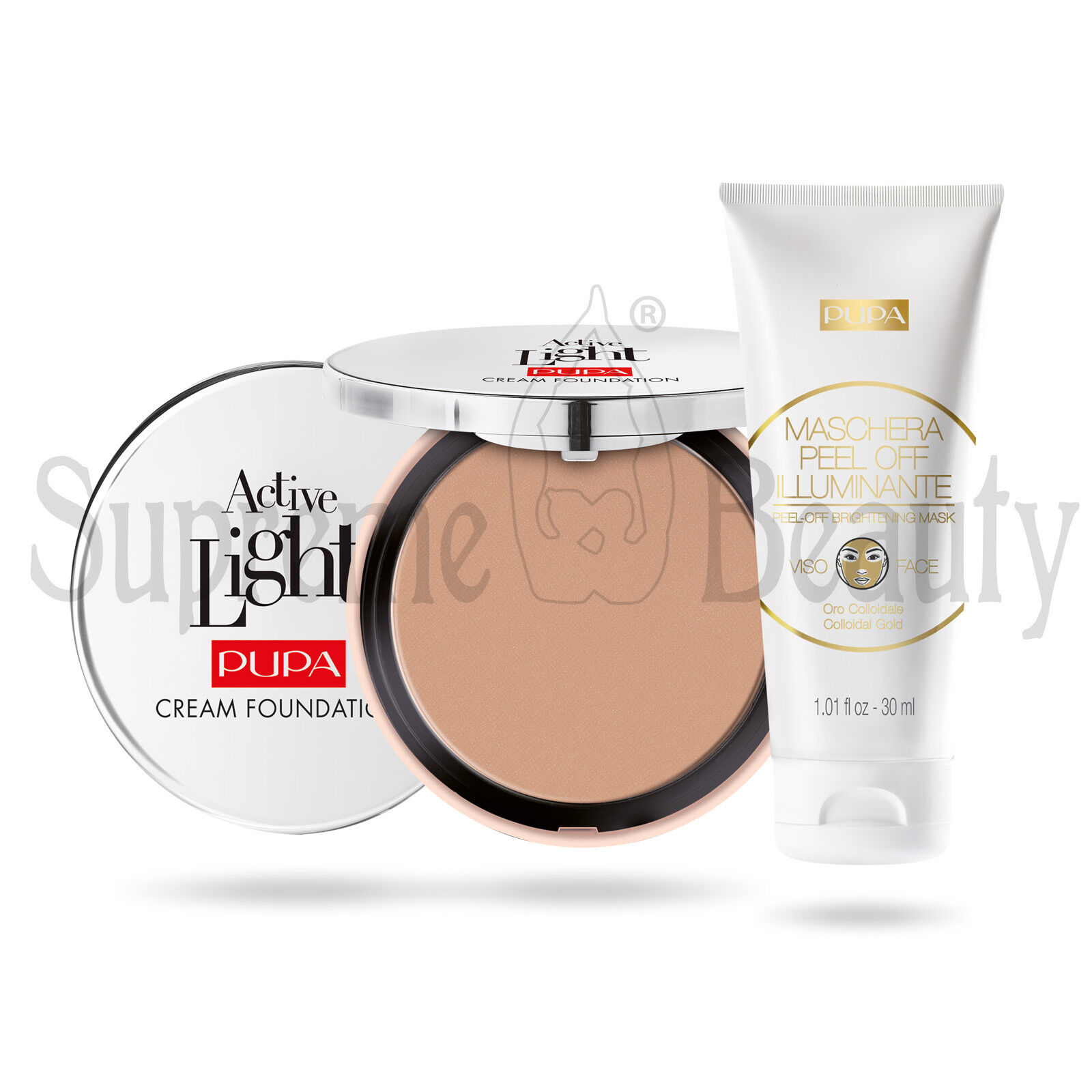 PUPA KIT VISO FONDOTINTA ACTIVE LIGHT COMPATTO + MASCHERA PEEL OFF ORO COLORE 40