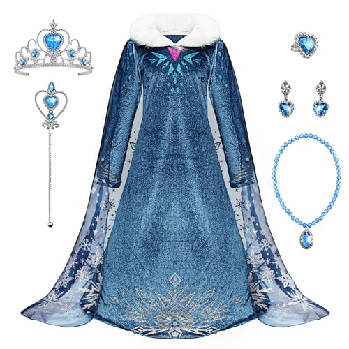 Monissy Regina Congelata Principessa Elsa Vestito Ragazza Blu Collare Bianca Velluto Manica Lunga Mantello Travestimento Chiffon Neve Stampa Compleann