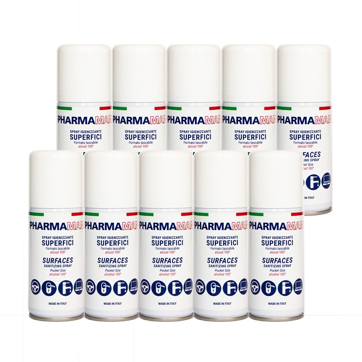 PHARMAMANI - KIT Spray Igienizzante per Superfici - 100% Alcool- 100 ml - 10 pz