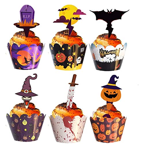 Simeixi 48 Pezzi Topper Per Cupcake Di Halloween, In Carta Per Cupcake, Decorazione A Pipistrello, Decorazione Di Zucca, Decorazione Per Halloween O F