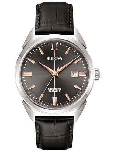 Bulova Sutton Automatic Men Watch With Leather Strap 96B422 Steel Gray Background 73544