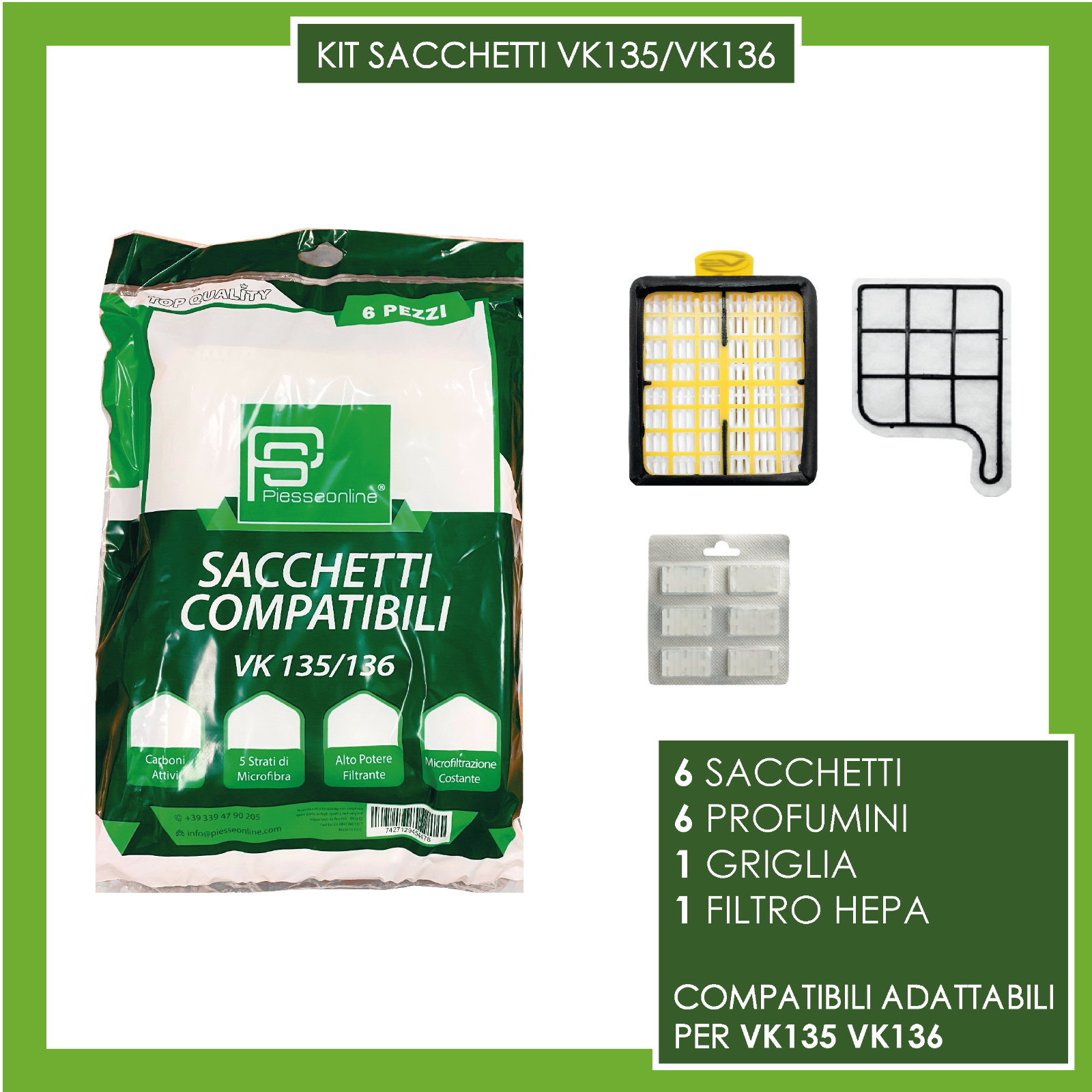 KIT VORWERK FOLLETTO KOBOLD 135 CON 6 SACCHETTI 6 PROFUMINI 1 GRIGLIA 1 HEPA