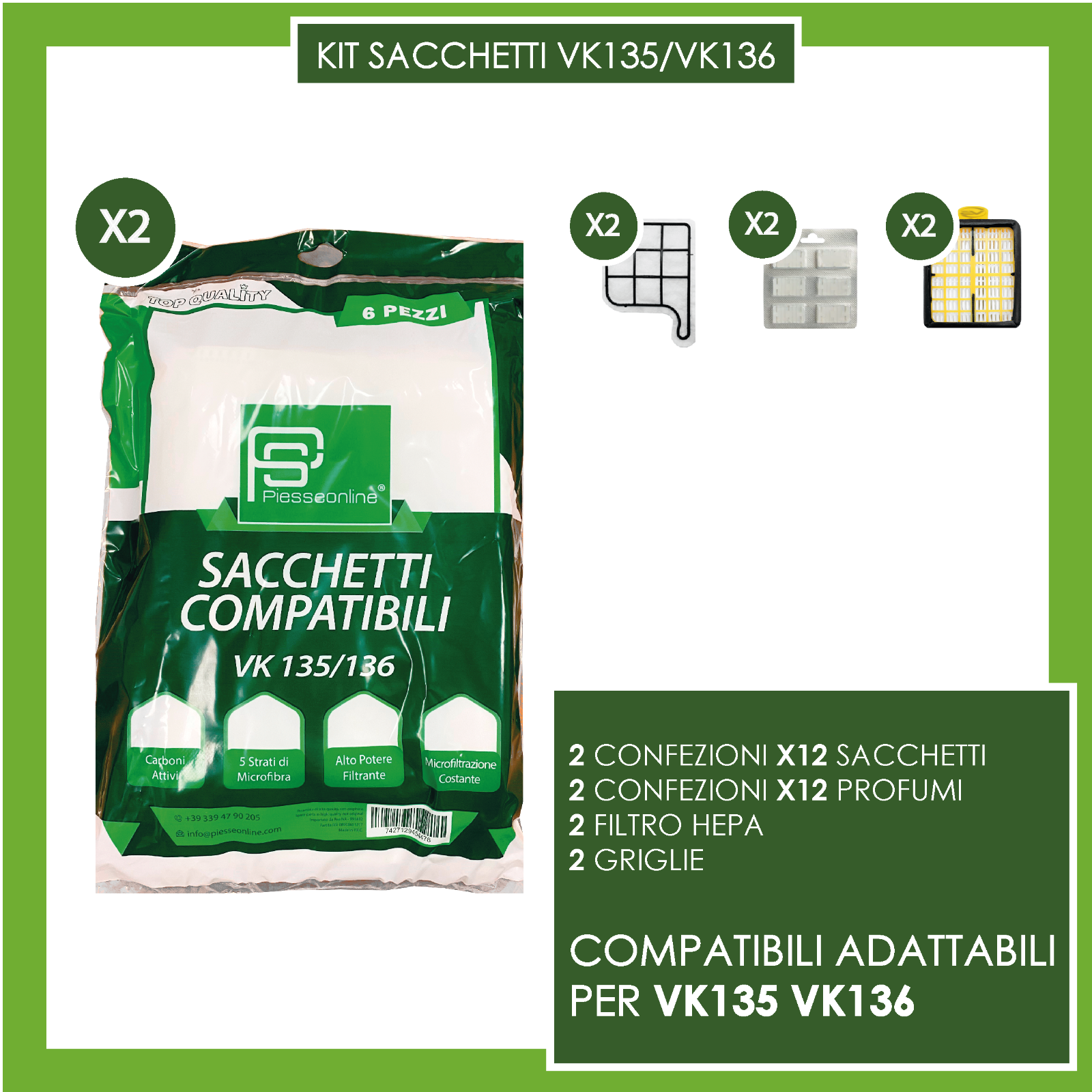SACCHETTI FOLLETTO VK 135 136 KIT 12 sacchetti 12 profumi 2 HEPA 2 GRIGLIE NO150