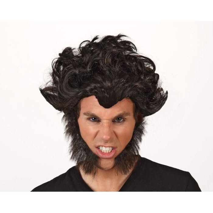 Parrucca lupo mannaro nera con capelli mossi con basette pelose Atosa carnevale