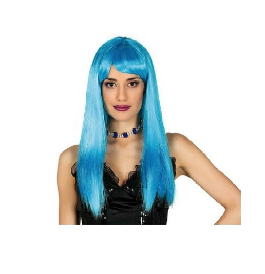 CARNEVALE HALLOWEEN PARRUCCA TURCHESE LUNGA LISCIA FRANGIA WIG BANGS HAIR 4062