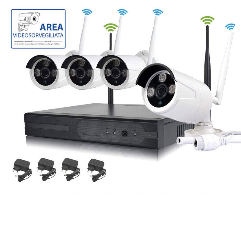 KIT VIDEOSORVEGLIANZA WIRELESS FULL HD IP 4 TELECAMERE 2 MPX WIFI DA REMOTO S...