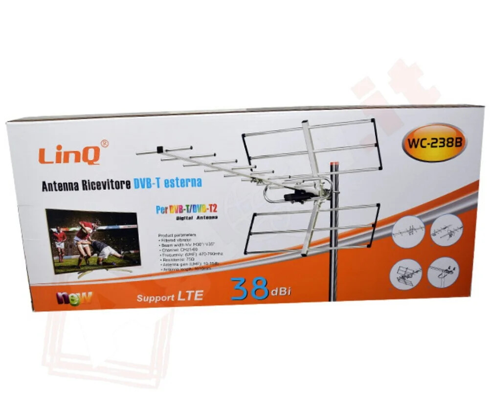 Antenna TV Esterna 38dbi DVB-T2 WC-238B, Amplificata 38 Db per aree a ricezione