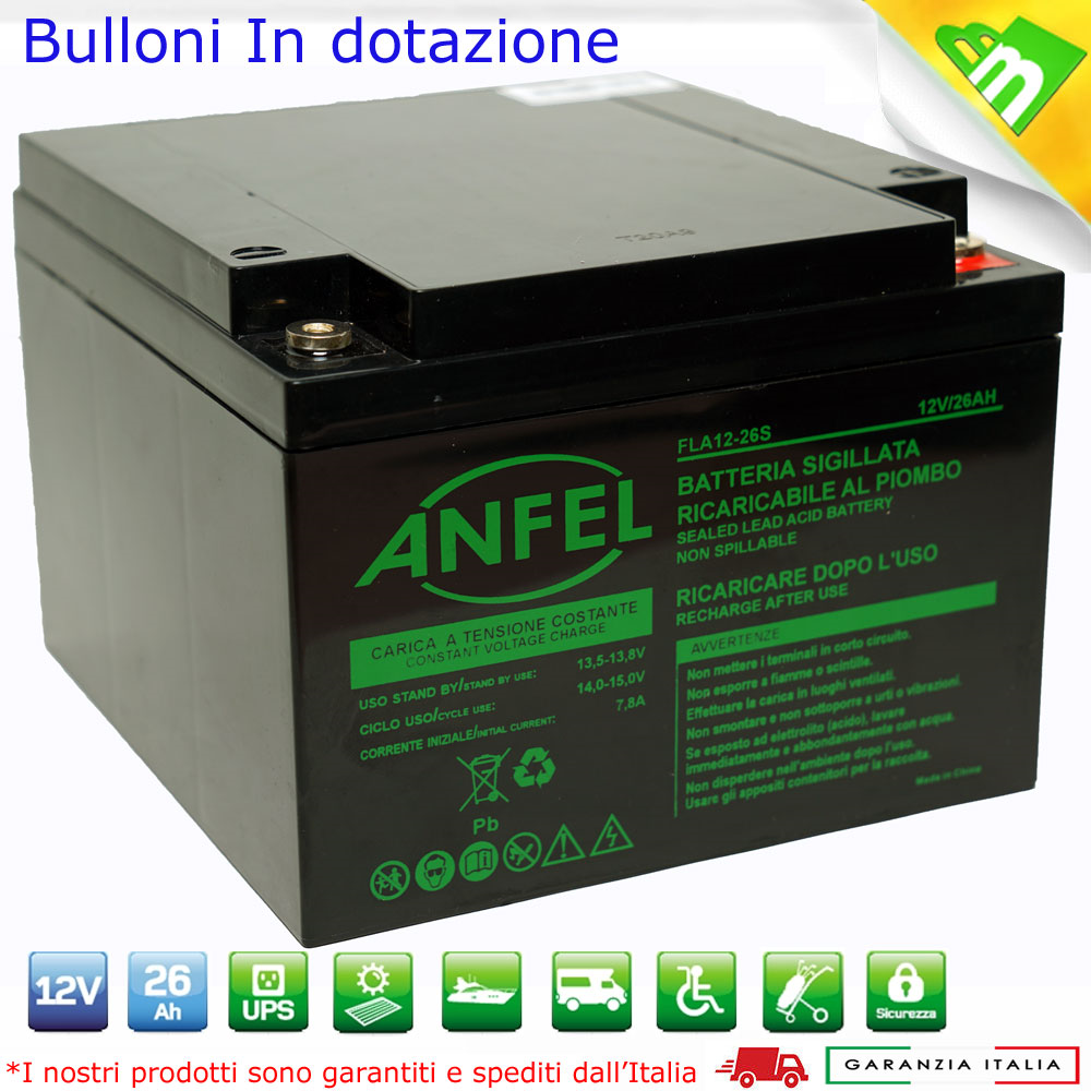BATTERIA RICARICABILE AL PIOMBO SIGILLATA 12 VOLT 26 Ah MARCA ANFEL FLA12-26S