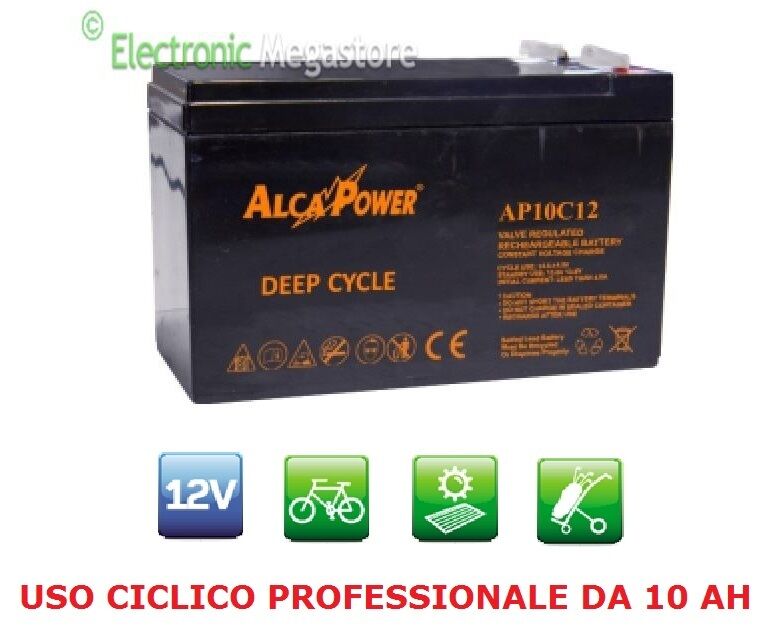 BATTERIA RICARICABILE USO CICLICO PIOMBO 12V Volt 10Ah PER BICI ELETTRICHE 6DZM-