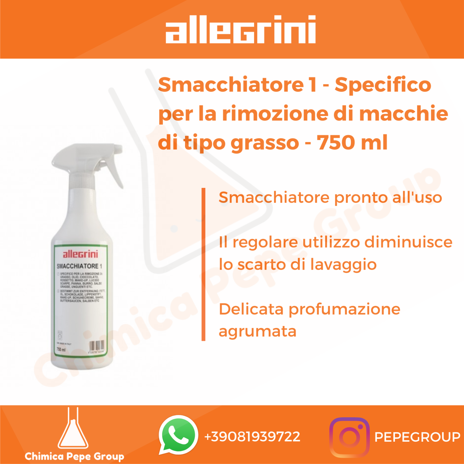SMACCHIATORE 1 750ml Allegrini - Per macchie GRASSO, OLIO, CIOCCOLATO su TESSUTI