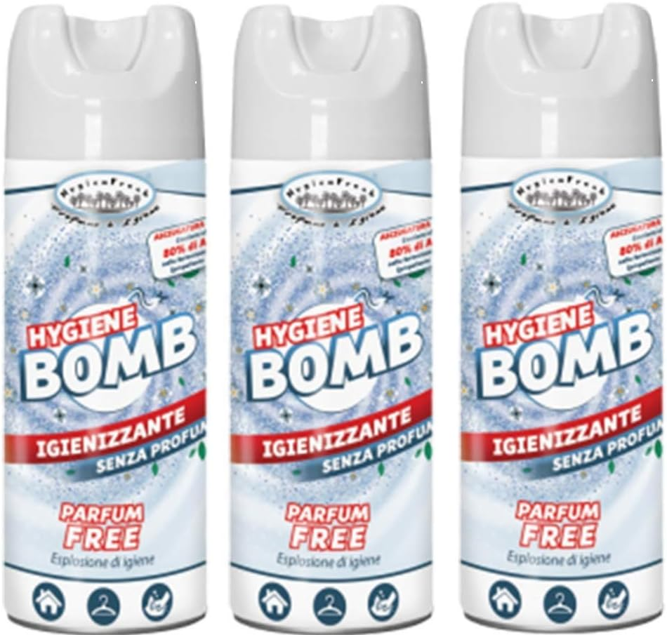 3 X HYGIEN FRESH HYGIENE BOMB Igienizzante Inodore tessuti ambienti spray 400 ML