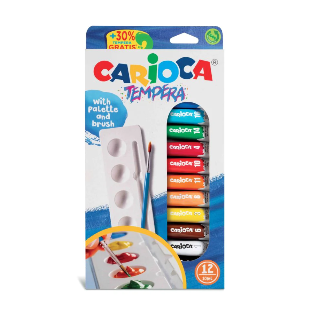 TEMPERE CARIOCA 12 COLORI 10ML CON TAVOLOZZA E PENNELLO