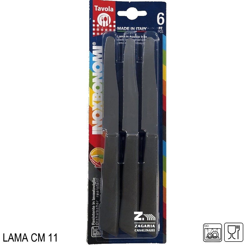 SET 6 PZ COLTELLI TAVOLA LAMA CM 11 IN ACCIAIO INOX DENTATA MANICO TORTORA