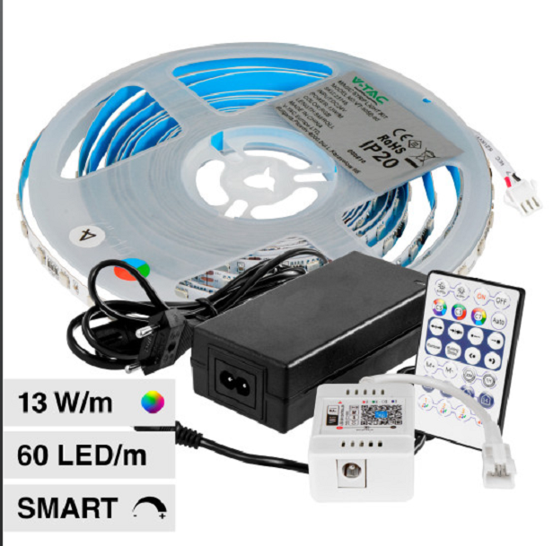 V-TAC VT-5050 STRISCIA LED FLESSIBILE SMART RGB 65W SMD 60 LED/M 24V CON CONTROL