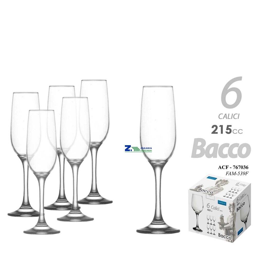 SET 6 BICCHIERI CALICE FLUTE VETRO 215cc MODELLO BACCO SPUMANTE CHAMPAGNE