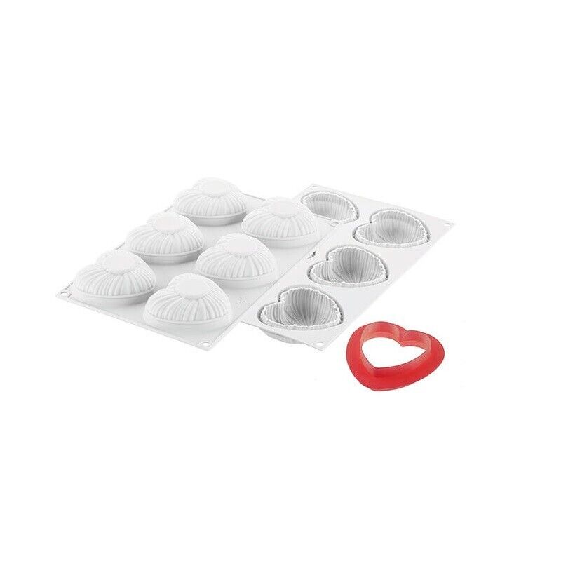 KIT STAMPO SILICONE 6 CAVITA' FORMA CUORE + TAGLIAPASTA SILIKOMART SAN VALENTINO