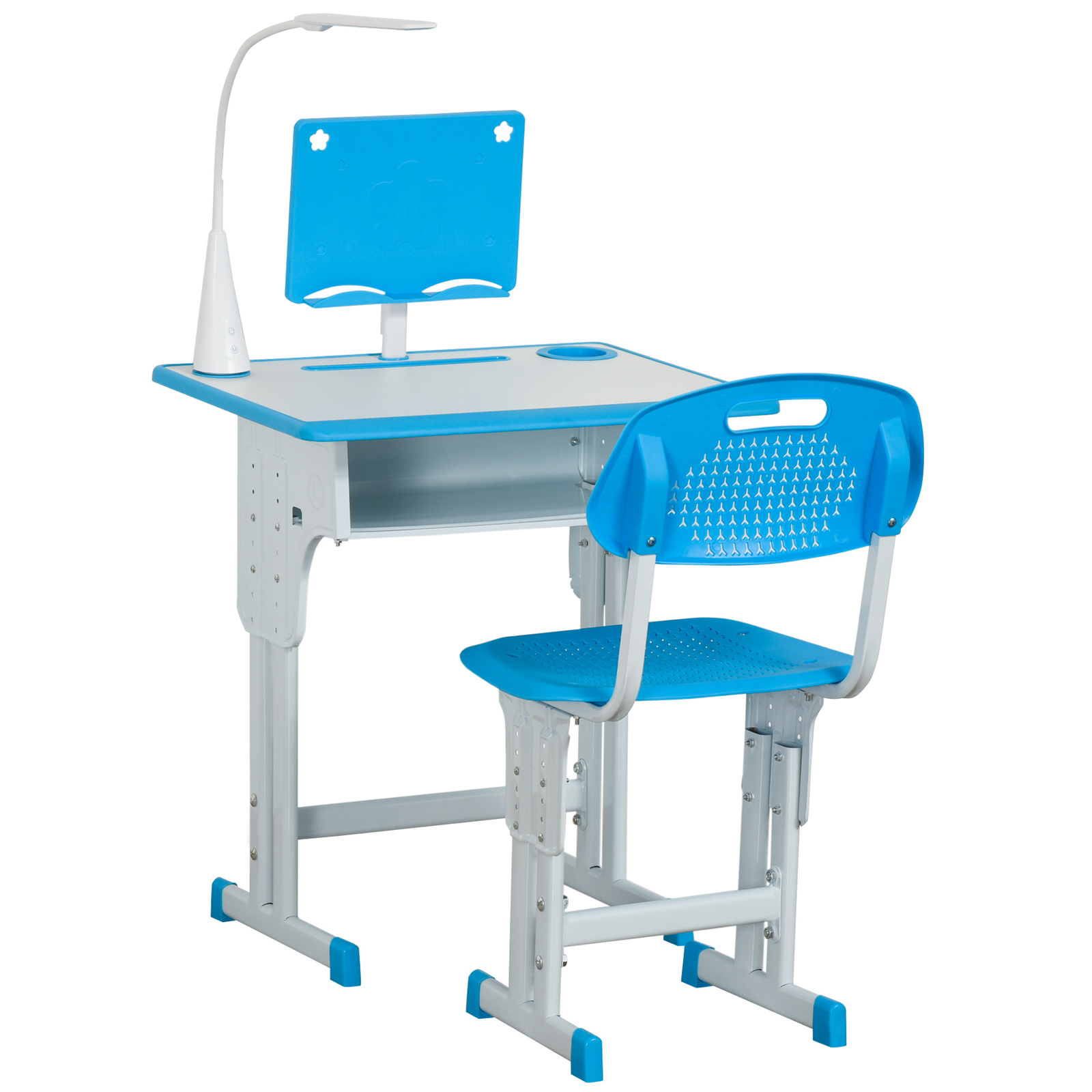 HOMCOM Banco con Sedia per Bambini 6-12 Anni Altezza Regolabile Lampada Blu