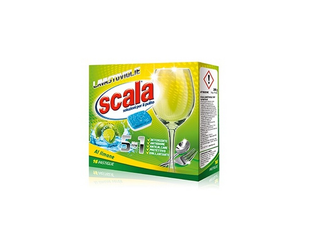 DETERSIVO STOVIGLIE SCALA PER LAVASTOVIGLIE PASTIGLIE 5 IN 1 LIMONE SET 16 PZ.